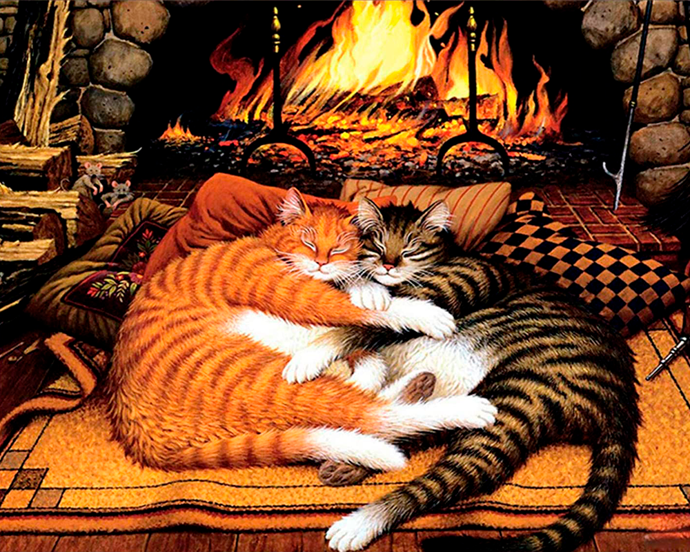 Cats near the fireplace